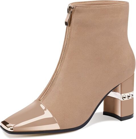 XINIUNIU Women's Ankle Boots Block Chunky Heels Booties Metal Square Toe Suede Front Zipper 3 Inch Short Boot Dress in Kuwait
