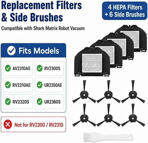RV2310AE AV2310AE HEPA Filter Side Brush Kit Compatible with Shark Matrix | Fits RV2320S RV2300S UR2350AE UR2360S Robot Vacuum, 4 HEPA Filters + 6 Side Brushes + Cleaning Tool, Not For RV2300 RV2310 in Kuwait