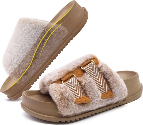 KuaiLu Women's Orthotic Arch Support Slippers | Soft Cushioned & Adjustable Fuzzy Platform Slippers Fluffy Furry Slides Faux Fur Sandals Warm Indoor Outdoor House Shoes in Kuwait