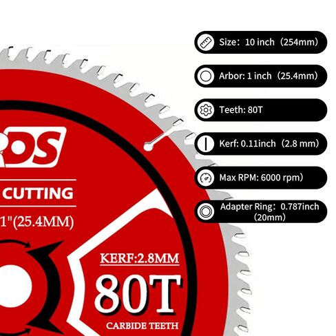10 Inch Table Saw Blades for Wood 80T 1-Inch Big Arbor | Ultra-Fine Finish Circular Saw Blade Smooth Woodworking Cutting Tungsten Carbide ATB for Hardwoods, Softwoods, Plywood, MDF in Kuwait
