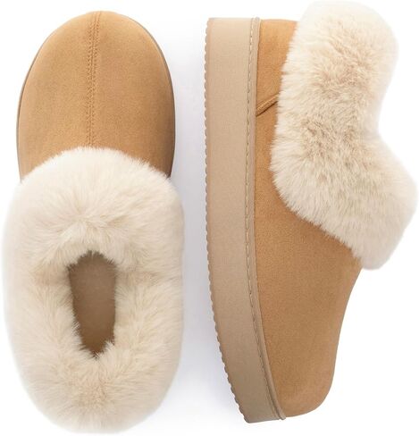 Women’s Fuzzy Microsuede Slippers Indoor Outdoor | Memory Foam，Cozy House Shoes, Microsuede Upper, Thick Fuzzy Fur Collar, Non-Slip Rubber Sole in Kuwait