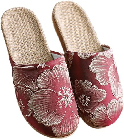 Satin Chinese Flowers Embroidery Slippers for Women Closed Toe Anti-slip House Shoes Breathable Linen Flat Slides 2026 in Kuwait
