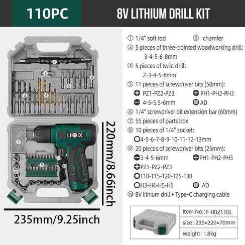 110-piece green 8V electric screwdriver tool set, portable toolbox, including drill bits, sockets, and screwdriver bit sets, accessories, woodworking drilling tools, men's exclusive tool set in Kuwait