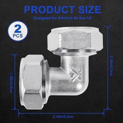 2 PCS 3/4'' Elbow Air Piping Fittings, Air Line Fittings for Compressed Air Line System Kit Brass-Nickel Plated, 200psi Working Pressure in Kuwait