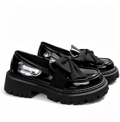 GeeYea Women Black Glossy Patent Leather Loafers, Slip On Bow Decor Platform Chunky Lug Sole Shoes, Non Slip Thick Sole Dress Loafers for Office Work Casual Daily Wear in Kuwait
