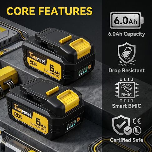 6.0Ah True Capacity Replacement Battery for Dewalt 20V Max Tools | Automotive-Grade Cells, V0 Fireproof Shell, Longer Runtime & Heavy-Duty Power (2-Pack) in Saudi Arabia