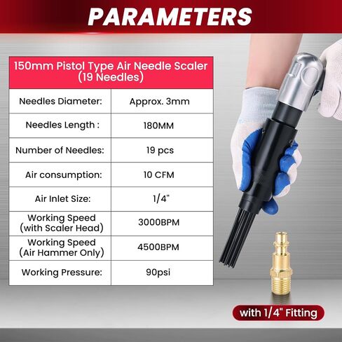 Air Needle Scaler, 19-Pin 150mm Pistol Type Pneumatic Rust Remover Tool Air Tool, 3000 BPM Needle Scaler Rust Removal Tool for Weld Slag, Paint Removal, Includes 1/4" NPT Air Hose Fitting in Kuwait