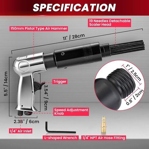Air Needle Scaler, 19-Pin 150mm Pistol Type Pneumatic Rust Remover Tool Air Tool, 3000 BPM Needle Scaler Rust Removal Tool for Weld Slag, Paint Removal, Includes 1/4" NPT Air Hose Fitting in Kuwait