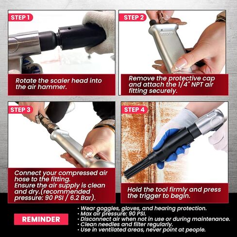 Air Needle Scaler, 19-Pin 150mm Pistol Type Pneumatic Rust Remover Tool Air Tool, 3000 BPM Needle Scaler Rust Removal Tool for Weld Slag, Paint Removal, Includes 1/4" NPT Air Hose Fitting in Kuwait