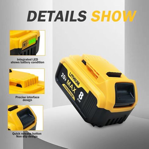 6-Pack 8000mAh Replacement for Dewalt 20V Max Battery High Capacity Battery Compatible with Dewalt DCB200 DCB201 DCB203 DCB205 DCB206 Works with 20V Power Tools & Chargers in Saudi Arabia