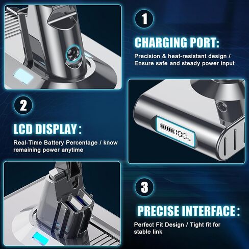 Upgraded 10000mAh for Dyson v8 battery replacement SV10/V8 Animal/Absolute | 21.6V with LCD Display, Fits SV25 V8 Fluffy/Motorhead/Origin,Replaces Part 215681 Comes with 2 Filters & Cleaning Tool Kit in Kuwait