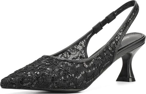 Women’s Lace Mesh Slingback Pumps - 3 Inch Kitten Heel Pointed Toe Heels, Wedding Party Dress Shoes, White/Black/Nude/Pink in Kuwait