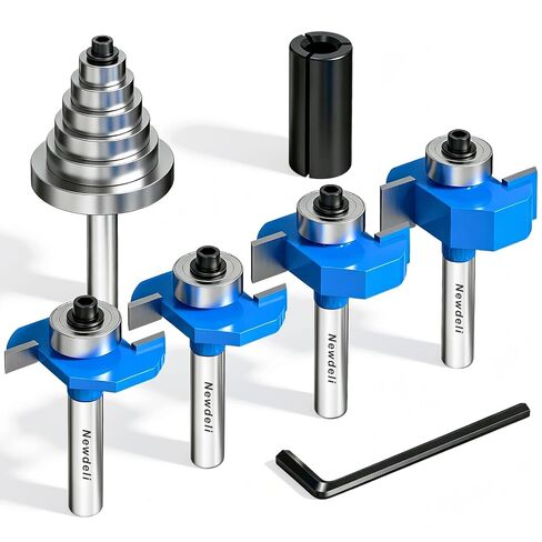 Newdeli Rabbet Router Bit Set 1/4 Inch Shank - 4Pcs Rabbeting Router Bits（1/8",1/4",3/8", 1/2" Height） with 6 Bearings Set (3/8", 1/2", 5/8", 3/4", 7/8", 1-1/8" Bearings) & Router Collet in Kuwait
