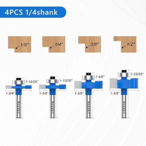 Newdeli Rabbet Router Bit Set 1/4 Inch Shank - 4Pcs Rabbeting Router Bits（1/8",1/4",3/8", 1/2" Height） with 6 Bearings Set (3/8", 1/2", 5/8", 3/4", 7/8", 1-1/8" Bearings) & Router Collet in Kuwait