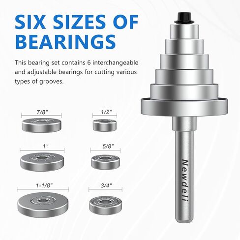 Newdeli Rabbet Router Bit Set 1/4 Inch Shank - 4Pcs Rabbeting Router Bits（1/8",1/4",3/8", 1/2" Height） with 6 Bearings Set (3/8", 1/2", 5/8", 3/4", 7/8", 1-1/8" Bearings) & Router Collet in Kuwait