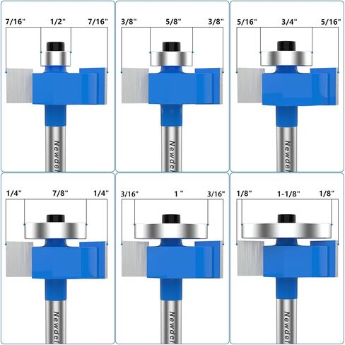 Newdeli Rabbet Router Bit Set 1/4 Inch Shank - 4Pcs Rabbeting Router Bits（1/8",1/4",3/8", 1/2" Height） with 6 Bearings Set (3/8", 1/2", 5/8", 3/4", 7/8", 1-1/8" Bearings) & Router Collet in Kuwait