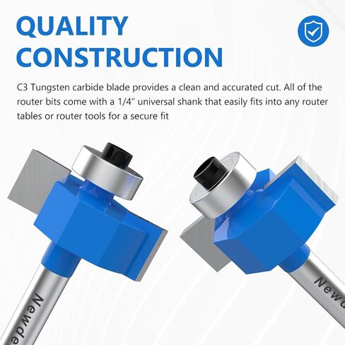Newdeli Rabbet Router Bit Set 1/4 Inch Shank - 4Pcs Rabbeting Router Bits（1/8",1/4",3/8", 1/2" Height） with 6 Bearings Set (3/8", 1/2", 5/8", 3/4", 7/8", 1-1/8" Bearings) & Router Collet in Kuwait