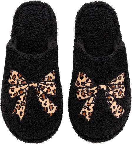 HomeTop Women Slippers Bow Slip On Indoor House Shoes | Cute,Fuzzy,Warm,Leopard print,Gifts,Memory Foam,Non-Slip,Soft,Comfortable in Kuwait