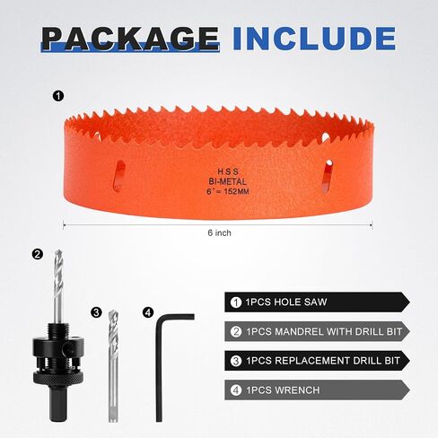 ELECFUN 6 Inch - 152mm Hole Saw Cutter with Pilot Drill Bit | HSS Bi-Metal, for PVC Wood Plastic Drywall Metal, Cutting tool, Quick Chip Removal in Kuwait