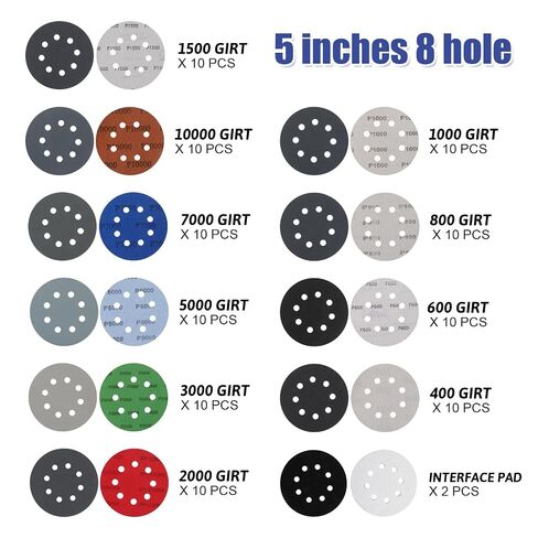 100Pcs 5" 8 Hole Sanding Discs Hook and Loop with Interface Pad | 400/600/800/1000/1500/2000/3000/5000/7000/10000 Grit Wet Dry Sandpaper for Wood Metal Polishing Random Orbital Sander in Kuwait