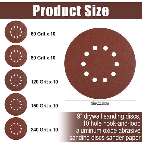 50Pack Sanding Disc 9-Inch 10-Hole Hook-and-Loop,240 Grit Aluminum Oxide Drywall Sandpaper for ‎9"Drywall Sander Pads,power sanding discs Finishing Ceiling Wood Floor60 80 120 150 240 Grit in Kuwait