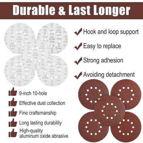 50Pack Sanding Disc 9-Inch 10-Hole Hook-and-Loop,240 Grit Aluminum Oxide Drywall Sandpaper for ‎9"Drywall Sander Pads,power sanding discs Finishing Ceiling Wood Floor60 80 120 150 240 Grit in Kuwait