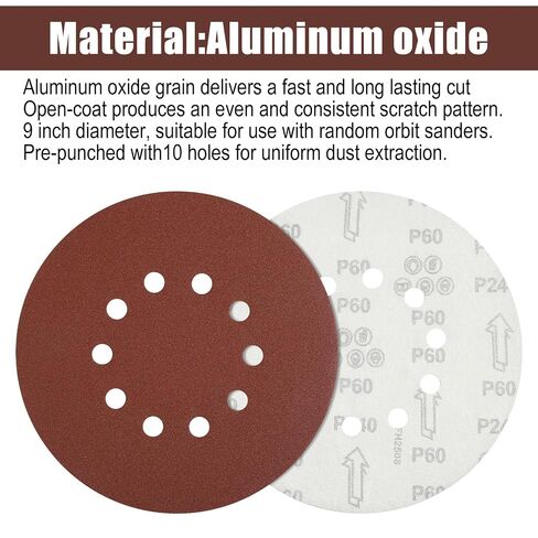 50Pack Sanding Disc 9-Inch 10-Hole Hook-and-Loop,240 Grit Aluminum Oxide Drywall Sandpaper for ‎9"Drywall Sander Pads,power sanding discs Finishing Ceiling Wood Floor60 80 120 150 240 Grit in Kuwait
