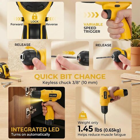 Cordless Drill Set, 12V Power Drill Set with 2000mAh Battery and Charger, 33Pcs Electric Driver Drill Bits, 3/8'' Keyless Chuck, 180 inch-lbs, with LED Electric Drill Set (Yellow) in Saudi Arabia