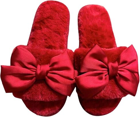 WDIRARA Women's Bowknot Fuzzy Slippers Open Toe Bedroom House Slippers in Kuwait