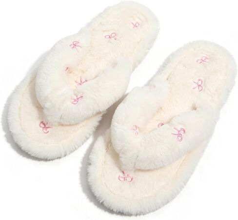 Molodo Embroidered Bow Fuzzy Flip Flops Soft Plush Thong Open Toe Indoor Furry House Slippers for Women in Kuwait