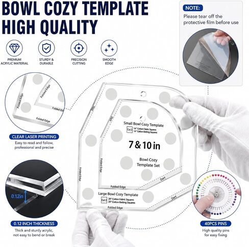 Bowl Cozy Template 3 Sizes, Bowl Cozy Pattern Template, Bowl Cozy Template Cutting Ruler Set with 40 Pcs of Sewing Pin, Roller Cutter and Manual Instruction in Saudi Arabia