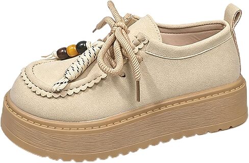 Women's Retro Suede Platform Loafers with Lace-Up Design Beaded Comfortable Round Toe Chunky Platform Light Daily Casual Work Moccasins Walking Shoes in Kuwait
