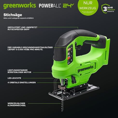 Greenworks 24V Brushless Cordless 1" Jig Saw (3,000 SPM / 4 Settings/Bevel 0°-45°/ LED Light), Battery and Charger Sold Separately in Kuwait