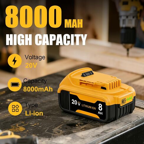 4 Packs 8.0Ah Battery Replacement for Dewalt 20V Max Battery, Compatible with DCB206 DCB200 DCB201 DCB204 in Kuwait