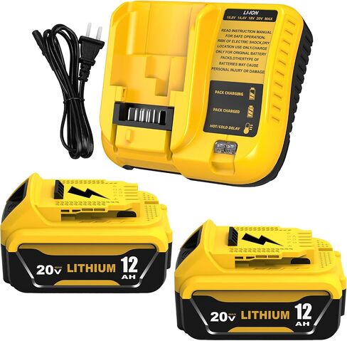 2 Packs 12.0Ah Replacement for Dewalt 20V Battery DCB208 and Charger DCB107 | Compatible with Dewalt 20V Max Batteries DCB207 DCB206 DCB204 DCB203 DCB200 DCB201 DCD/DCF/DCG/DCS Cordless Power Tools in Kuwait