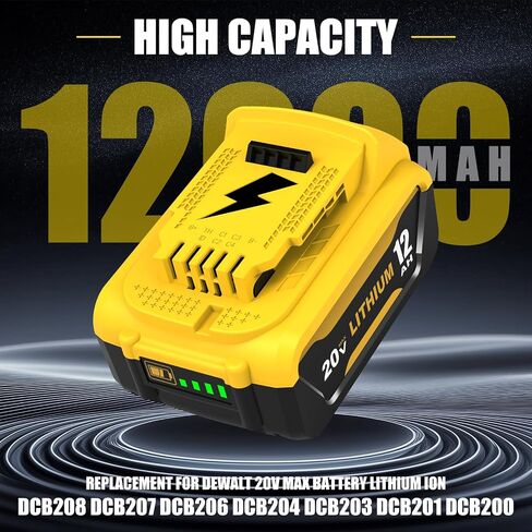 2 Packs 12.0Ah Replacement for Dewalt 20V Battery DCB208 and Charger DCB107 | Compatible with Dewalt 20V Max Batteries DCB207 DCB206 DCB204 DCB203 DCB200 DCB201 DCD/DCF/DCG/DCS Cordless Power Tools in Kuwait