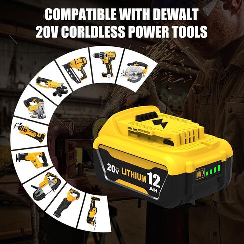 2 Packs 12.0Ah Replacement for Dewalt 20V Battery DCB208 and Charger DCB107 | Compatible with Dewalt 20V Max Batteries DCB207 DCB206 DCB204 DCB203 DCB200 DCB201 DCD/DCF/DCG/DCS Cordless Power Tools in Kuwait