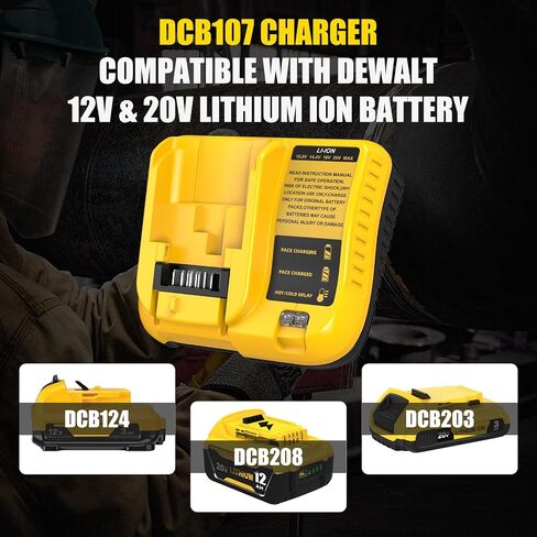 2 Packs 12.0Ah Replacement for Dewalt 20V Battery DCB208 and Charger DCB107 | Compatible with Dewalt 20V Max Batteries DCB207 DCB206 DCB204 DCB203 DCB200 DCB201 DCD/DCF/DCG/DCS Cordless Power Tools in Kuwait