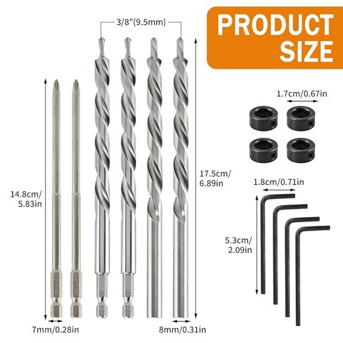 4 Pcs 3/8" Pocket Hole Drill Bit with Depth Stop Collars & SQ2 Screwdriver Bit Set, 1/4" Hex Shank & Round Shank Replacement Drills for Manual Pocket Hole Guide Jig Master System in Kuwait
