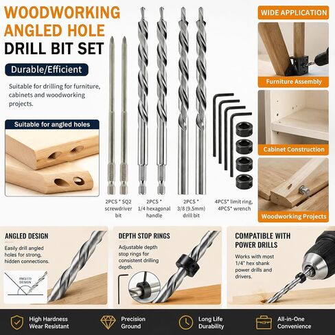 4 Pcs 3/8" Pocket Hole Drill Bit with Depth Stop Collars & SQ2 Screwdriver Bit Set, 1/4" Hex Shank & Round Shank Replacement Drills for Manual Pocket Hole Guide Jig Master System in Kuwait