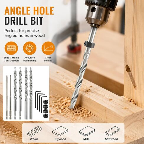 4 Pcs 3/8" Pocket Hole Drill Bit with Depth Stop Collars & SQ2 Screwdriver Bit Set, 1/4" Hex Shank & Round Shank Replacement Drills for Manual Pocket Hole Guide Jig Master System in Kuwait
