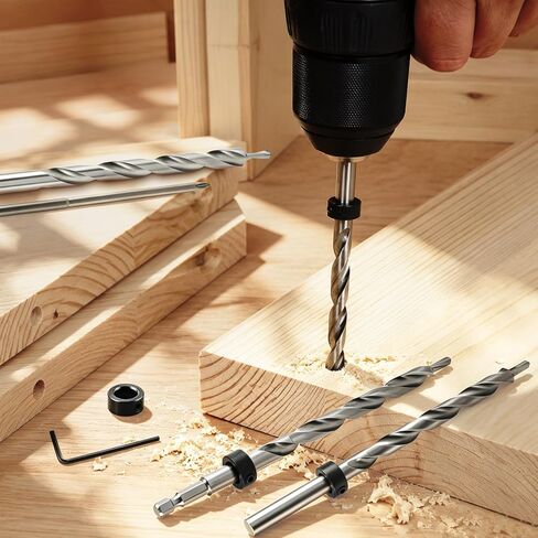 4 Pcs 3/8" Pocket Hole Drill Bit with Depth Stop Collars & SQ2 Screwdriver Bit Set, 1/4" Hex Shank & Round Shank Replacement Drills for Manual Pocket Hole Guide Jig Master System in Kuwait