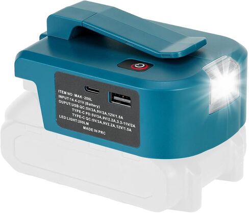 USB Adapter for Makita 18V Battery, 1 USB-C & 1 Type-C Fast Charger with 200LM LED Work Light, Portable Belt Clip Power Converter for Jobsite in Kuwait