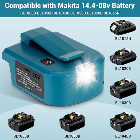 USB Adapter for Makita 18V Battery, 1 USB-C & 1 Type-C Fast Charger with 200LM LED Work Light, Portable Belt Clip Power Converter for Jobsite in Kuwait