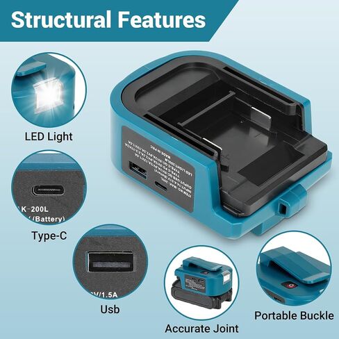USB Adapter for Makita 18V Battery, 1 USB-C & 1 Type-C Fast Charger with 200LM LED Work Light, Portable Belt Clip Power Converter for Jobsite in Kuwait