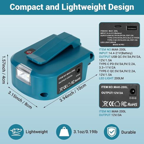 USB Adapter for Makita 18V Battery, 1 USB-C & 1 Type-C Fast Charger with 200LM LED Work Light, Portable Belt Clip Power Converter for Jobsite in Kuwait