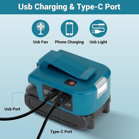 USB Adapter for Makita 18V Battery, 1 USB-C & 1 Type-C Fast Charger with 200LM LED Work Light, Portable Belt Clip Power Converter for Jobsite in Kuwait