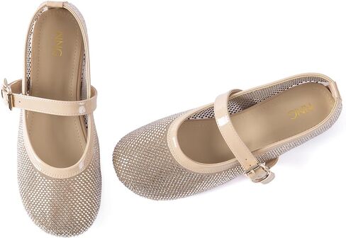 N.N.G Women Rhinestone Mesh Summer Mary Jane Ballet Flats, Breathable Crystal Embellished Slip-On Shoes with Adjustable Strap in Kuwait