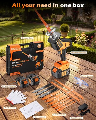 Cordless Reciprocating Saw | Brushless Motor 0-3500 SPM Variable Speed | 2 x 4.0Ah Batteries for Longer Runtime | Tool-Free Blade Change | 11-Blade Kit with Carrying Case for Wood Metal PVC in Kuwait