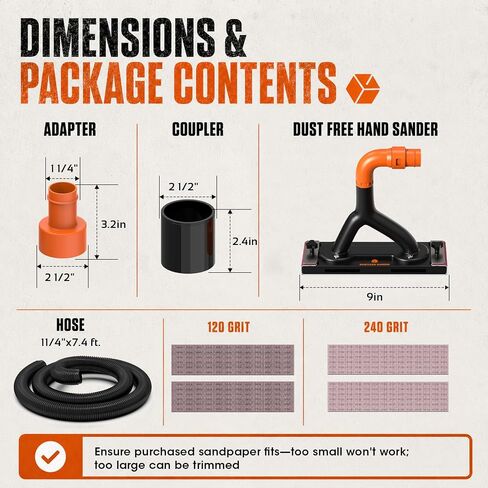 Zipcase 9" Dust Free Hand Sander for Smoothing Walls, 95% dust capture | Adjustable Suction, Drywall Sander with Vacuum, with 7.4 ft Hose, Adapter, 120 Grit and 240 Grit in Kuwait